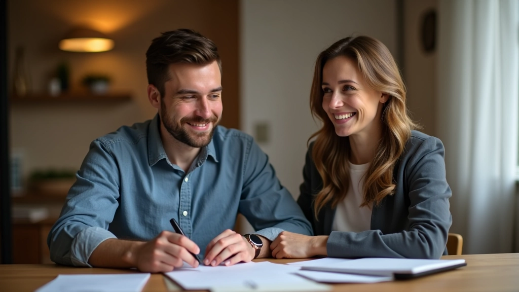 Paar sitzt am Esstisch mit Dokumenten und diskutiert die finanzielle Planung