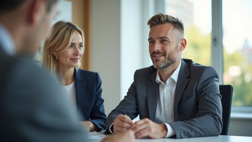 Familie bei der Finanzplanung: Mutter und Vater diskutieren mit Berater am Schreibtisch