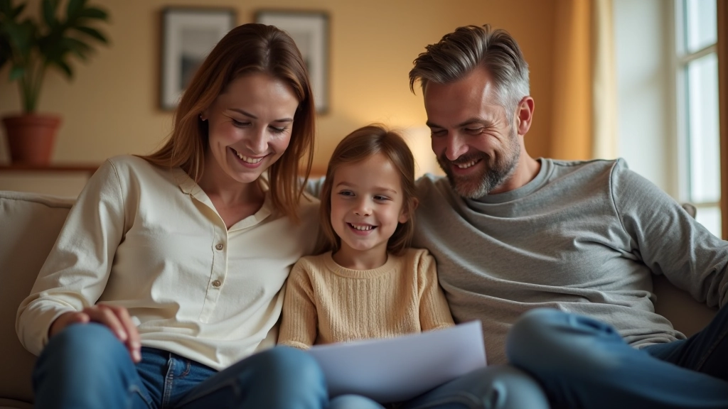 Familie sitzt zusammen auf dem Sofa und schaut sich ein Dokument an