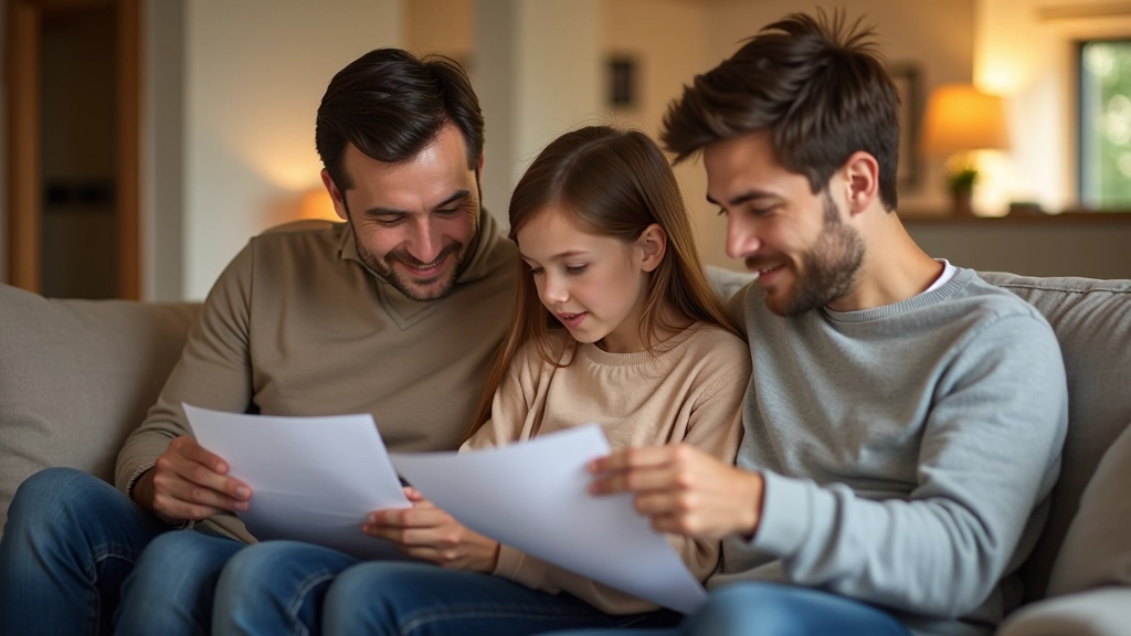 Familie sitzt zusammen im Wohnzimmer und bespricht finanzielle Planung