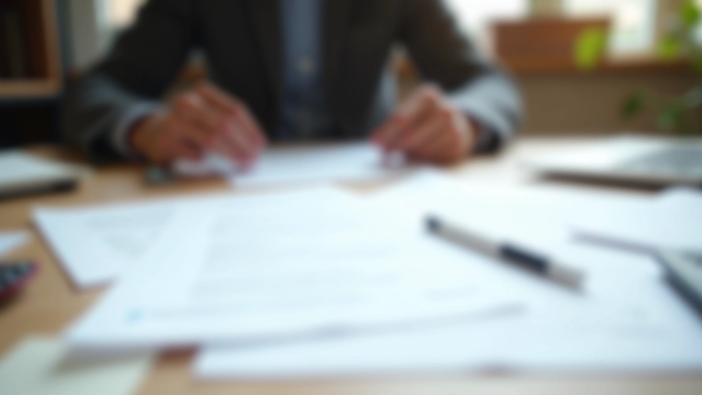 Versicherungsdokumente und Verträge auf Holzschreibtisch mit Taschenrechner