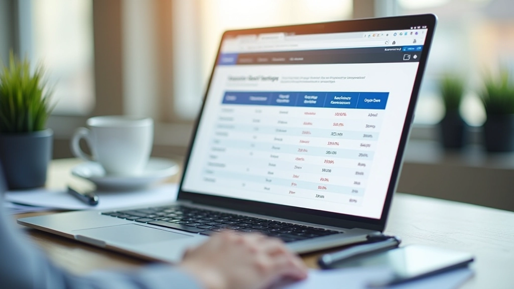 Laptop-Bildschirm zeigt Vergleichstabelle von Versicherungsoptionen und Renteneinkommen