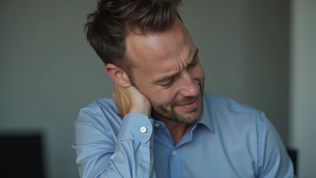 Mann sitzt mit Schmerzen am Schreibtisch, hält sich den Nacken und Rücken
