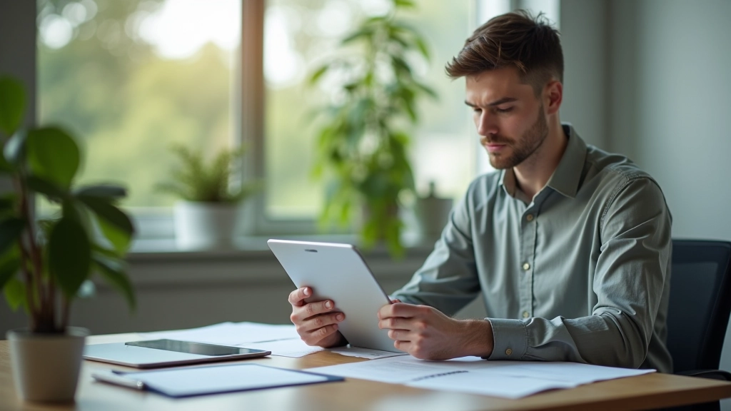 Person mit Tablet vergleicht Versicherungstarife und Angebote am Schreibtisch