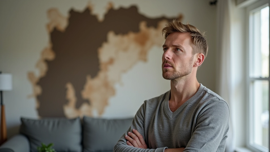 Person schaut besorgt auf Wasserschaden an Wand und Möbeln in Wohnzimmer